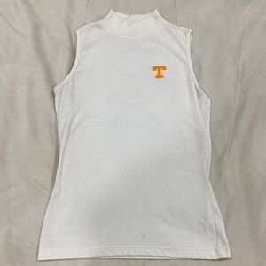 Women's Vintage Sleeveless White Turtleneck Top with Orange Logo